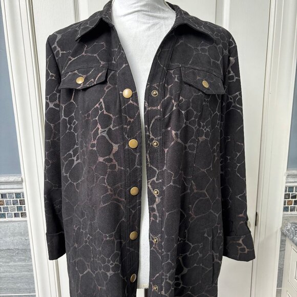 JM Collection 3/4 Sleeve Faux Suede Snaps Animal Print Black Jacket Size 12 - Picture 2 of 14